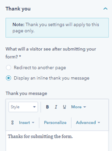 HubSpot landing page thank you 