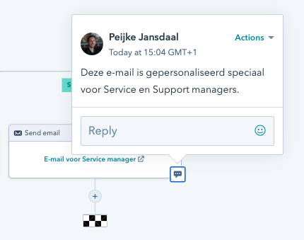 Voorbeeld van een notitie in workflow in HubSpot